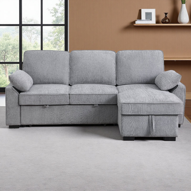 Canapé-lit modulaire réversible en tissu chenille de 91 po de largeur avec méridienne de rangement, table rabattable, porte-gobelets et ports de chargement