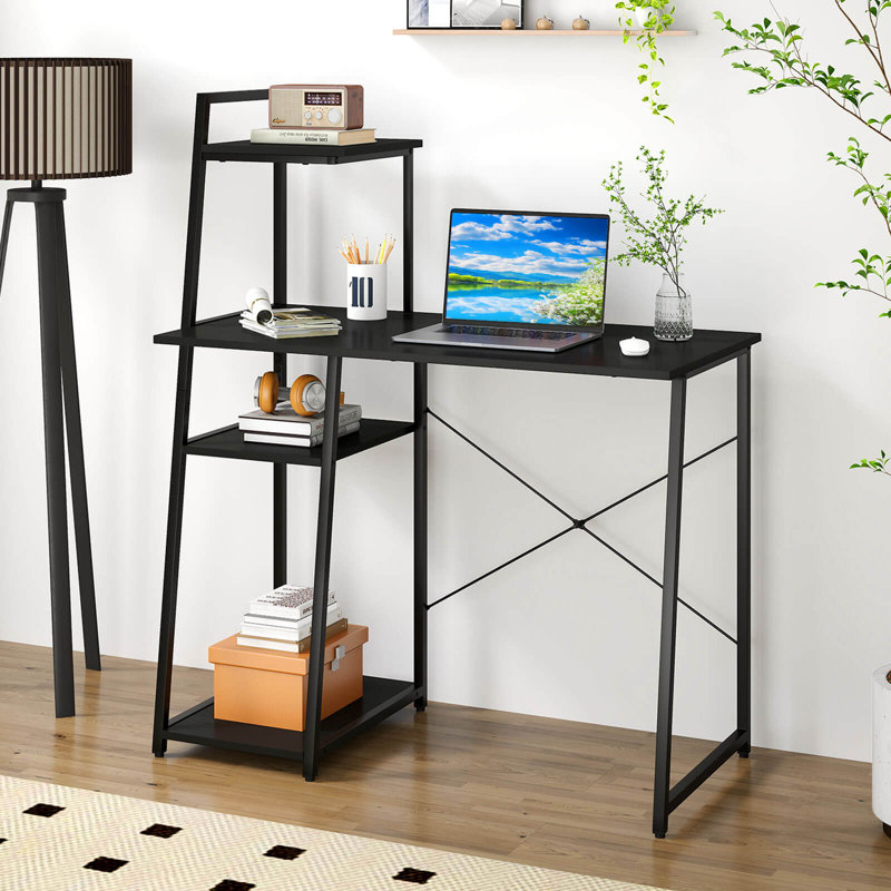 Bureau personnel, poste de travail pour ordinateur portable avec bibliothèque, support pour ordinateur portable, structure en métal