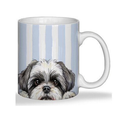 Shih Tzu Mug, Shih Tzu Gifts for Women Ceramic Coffee Cup With Handle, Dog Lover Mom Dad Gifts, Blue and White Striped Dog Tea Cup, 11 0unce