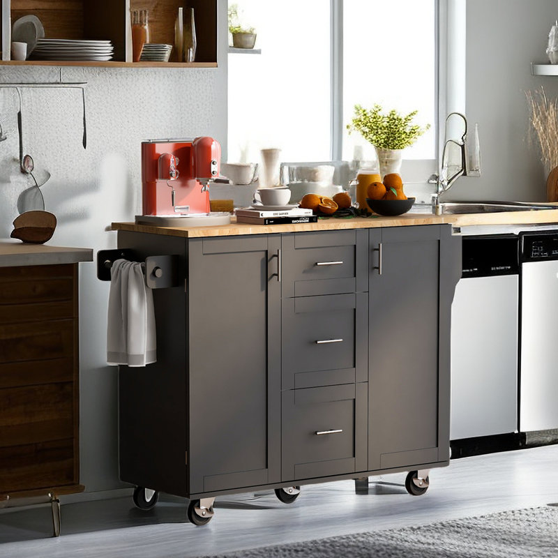 Jerilynn Rolling Kitchen Island with Solid Wood Top, Pull Out Shelves and Three Drawers, Black