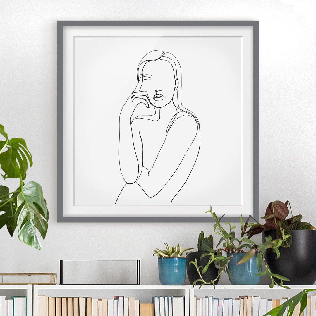 Gerahmter Kunstdruck Line Art Thoughtful Woman Black White