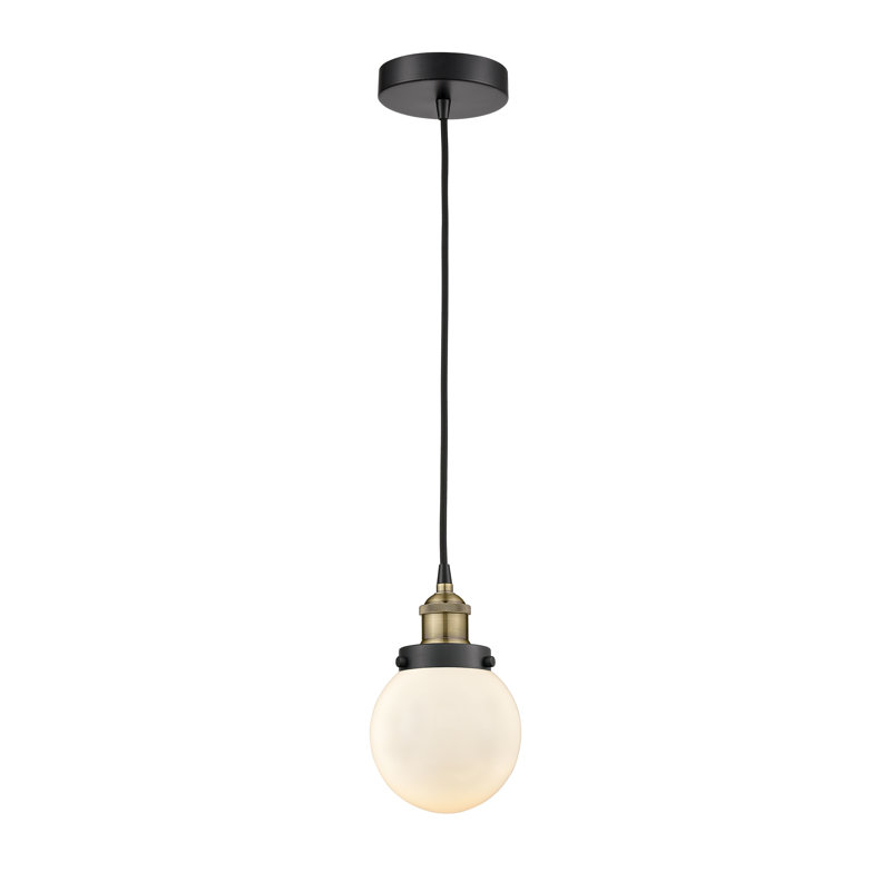 Luminaire suspendu simple à 1 lumière Frederick, H 9,5 po x l 6 po x P 6 po, Blanc mat, Laiton antique noir