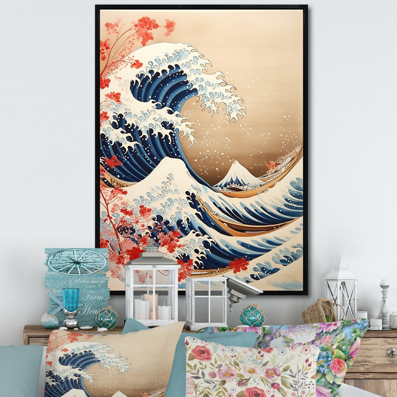 Impression sur toile, chef-d'œuvre pluvial le grand rouge de Kanagawa I, H 20 po x l 12 po x P 1 po, Cadre flottant noir