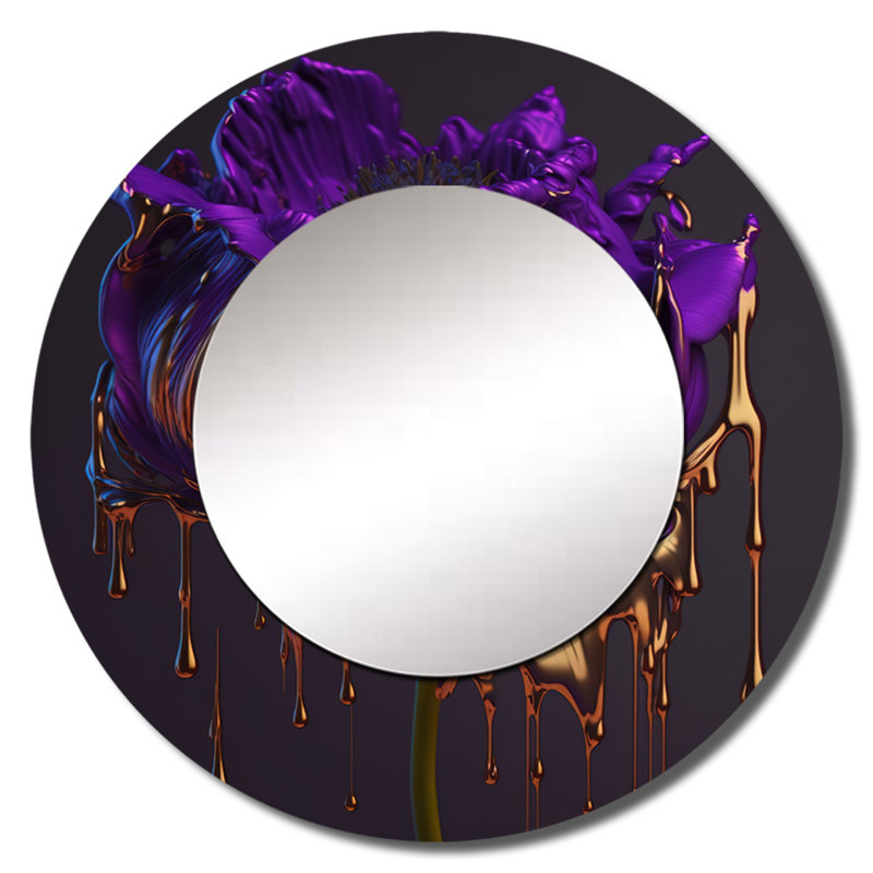 Shenya - pivoine mauve liquide or I - miroir mural pivoines, miroir décoratif rond moderne, impression d'art en métal