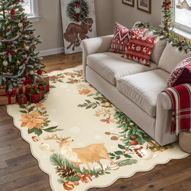Tapis de Noël lavable à la machine avec antidérapant Noel, Beige, Rectangle 4'x 6'