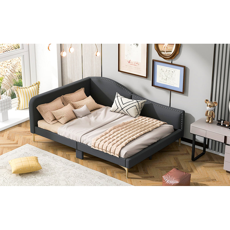Lit de jour double rembourré avec tête de lit et accoudoirs, pieds de soutien, gris