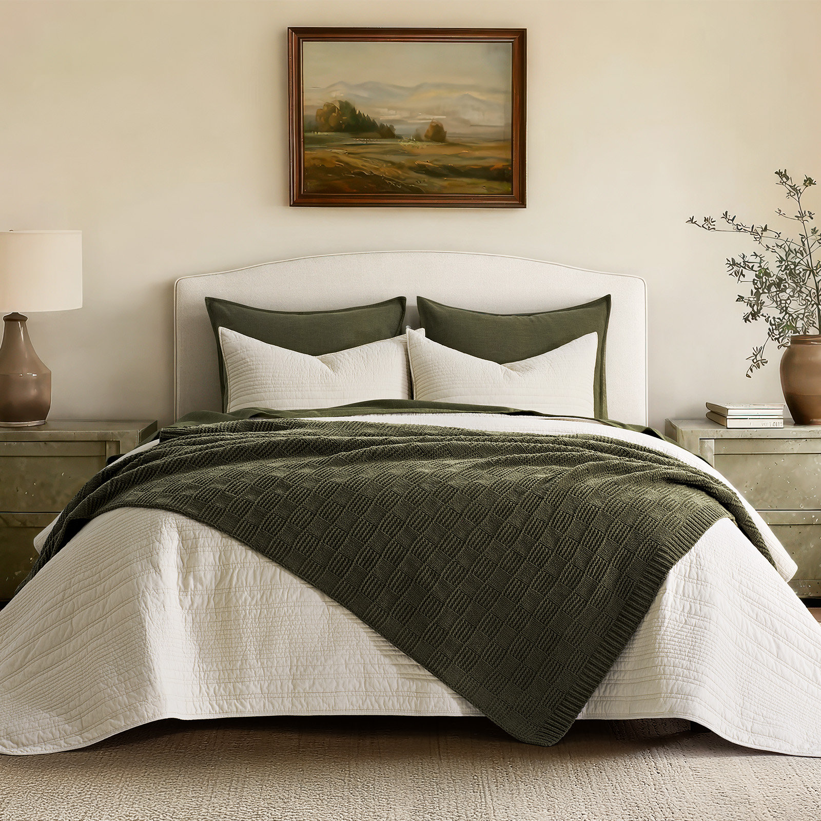 Checkered Weighted Knit Throw Blanket, Twin, Olive Green
