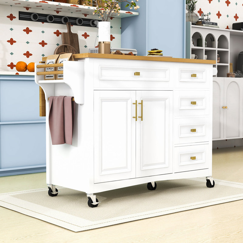 Kitchen Island with Drop Leaf, Embossed Texture Kitchen Island on Wheels with 2 Doors and 5 Drawers, White