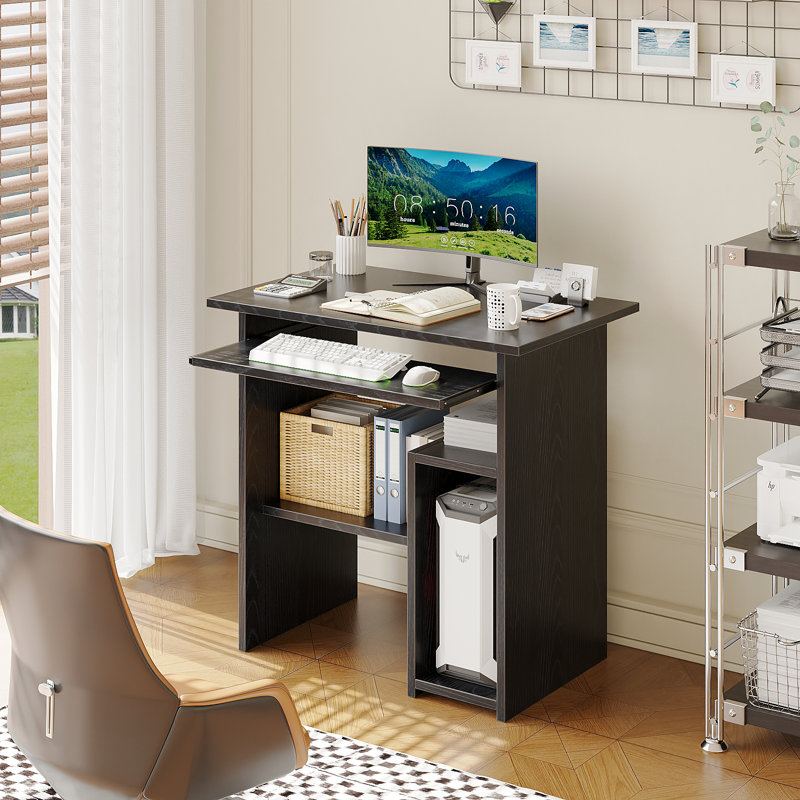 Laptop Study Table Office Desk with Storage Drawer Shelves Keyboard Tray,Black, Black
