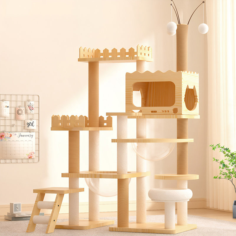 Tour à chat moderne de 66,9 po, tour d'arbre à chat en bois pour chats d'intérieur, arbre à chat avec poteaux à griffes recouverts de sisal et perchoir supérieur, maisonnette pour chat avec hamac en acrylique pour les foyers multi-chats