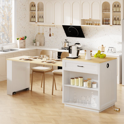 Îlot de cuisine avec table de salle à manger extensible, table de cuisine bicolore avec rangement double, prise de courant