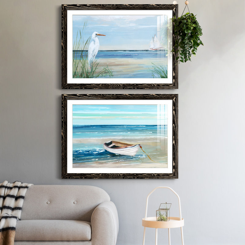 Summer Heron - Ensemble de 2 peintures sur papier encadrées, H 23 po x l 32 po x P 1 po, Papier encadré noir