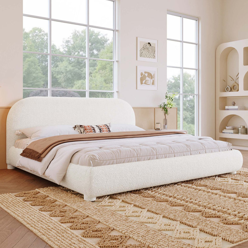 Lit tapissier en tissu de style crème, lit double simple pour chambre moderne, Crème