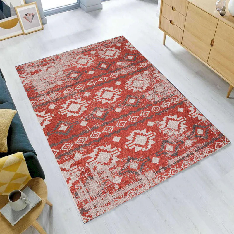 Tapis à motif Carnaval intérieur / extérieur gris clair et rouge, Rectangle 9 pi x 6 pi 7 po