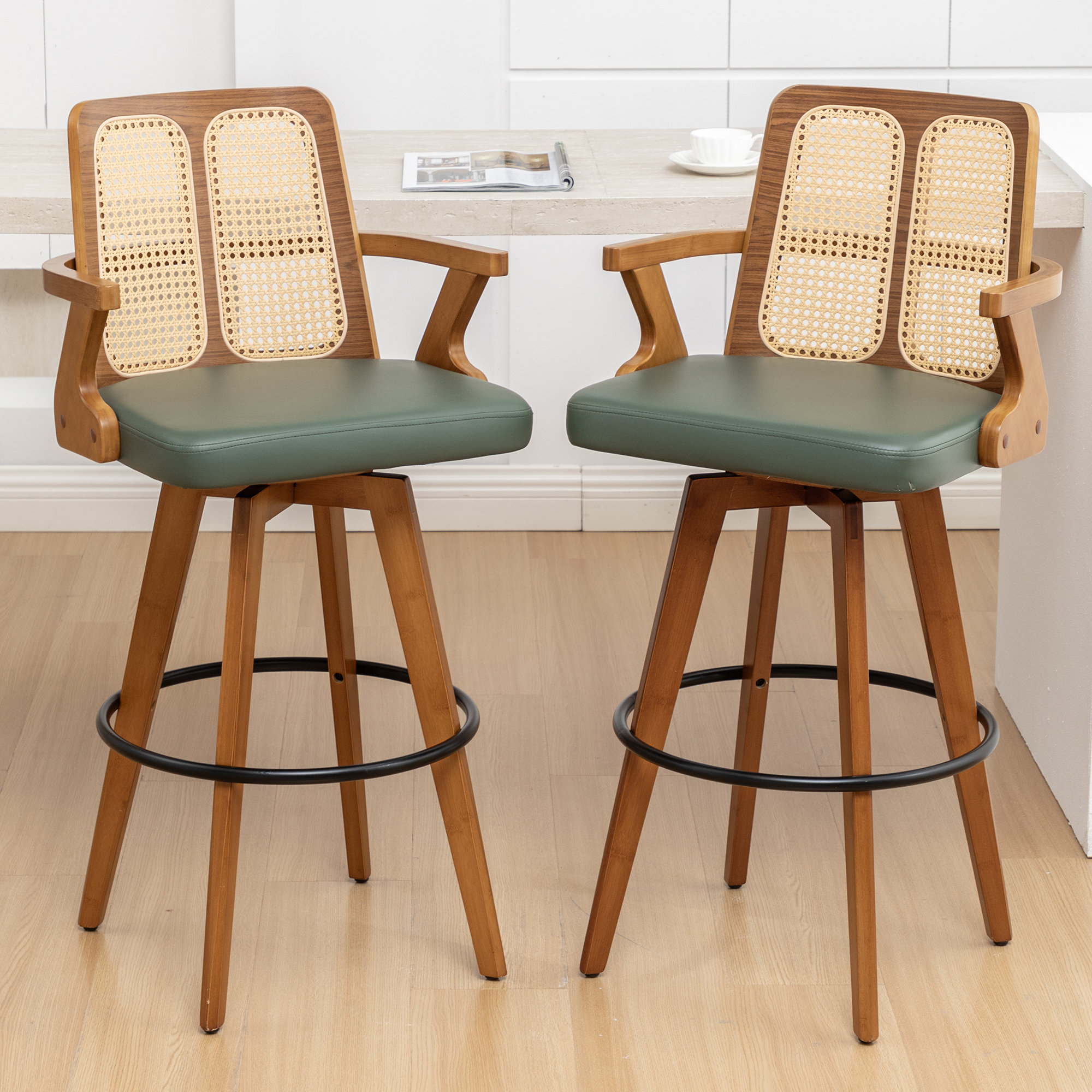 Canora Grey Modern Swivel Upholstered Cane Back Counter & Bar Stools ...