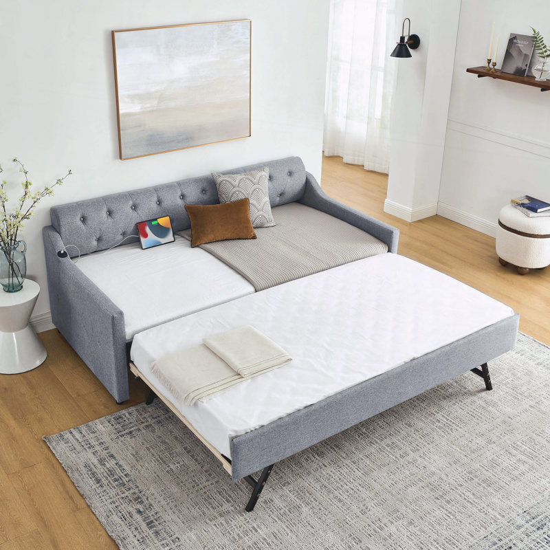 Upholstery DayBed Erectable Trundle USB Charging Linen Design, Gray