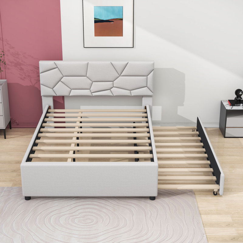 Lit plateforme tapissier pleine grandeur avec lit gigogne simple et tête de lit à motif brique, Beige