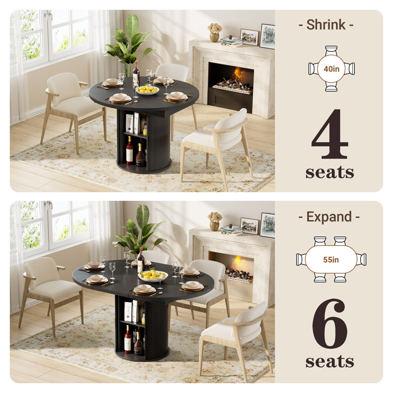 55"W Extendable Round Dining Table for 4–6 with Fluted Base & Large Space Storage Cabinet Oval Dinner Kitchen Table for Kitchens, Dining/Living Rooms