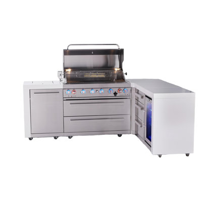 Mont Alpi Premium 6-burner 94"x75" L-shaped 805 Deluxe Stainless Steel Island Modular Outdoor Kitchen Island Bbq Gas Grill + Infrared Side & Rear Burners + Refrigerator + Storage Drawers And Cabinets