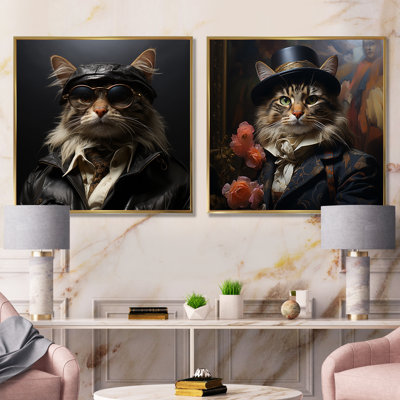 Cat Gangster Mafia Fashion I - Cat Gangster Mafia Wall Art Prints Set Of 2