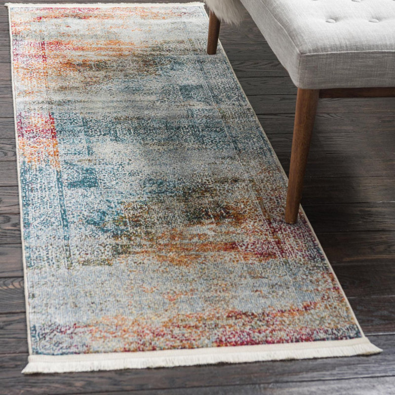 Tapis ivoire / bleu / rouge à motif abstrait Folmar, Tapis de couloir 2 pi x 8 pi