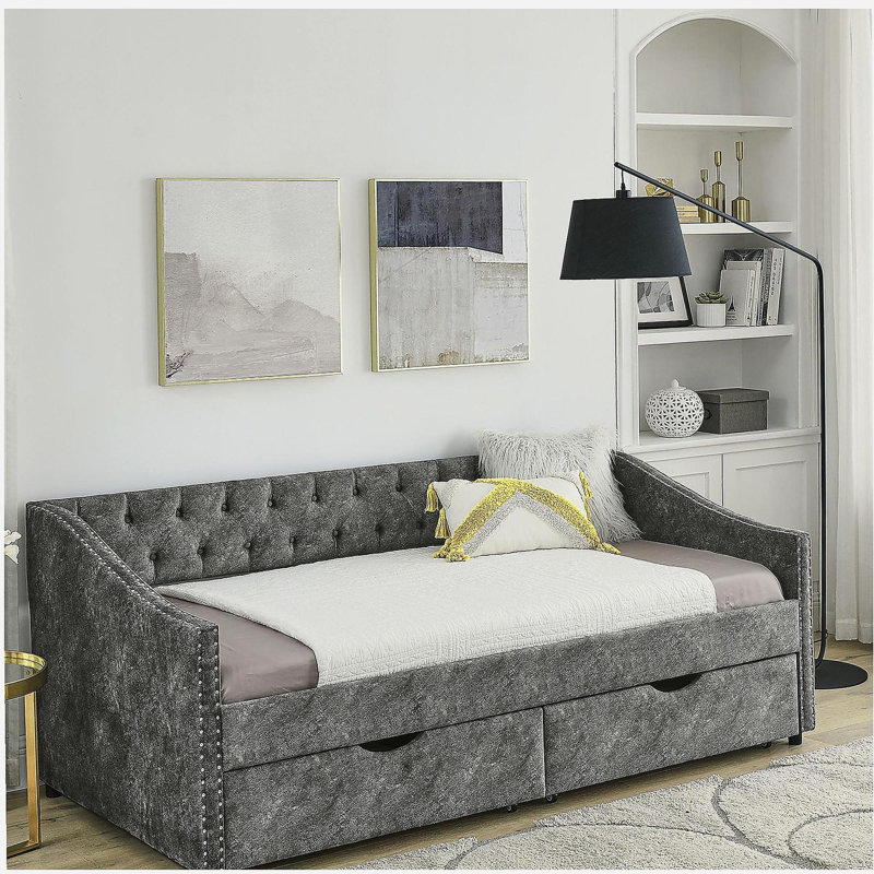 Lit de jour simple avec tiroirs, canapé-lit capitonné capitonné, avec bouton sur le dos et clou en cuivre sur les accoudoirs ondulés, gris (81,5 po x 4 po x 30,5 po)