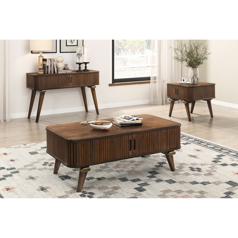 Table basse décorative moderne avec finition noyer et 2 tablettes de rangement Mid-Century fixes