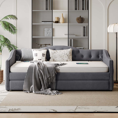 Twin Size Upholstered Daybed with Trundle and USB Charging Design