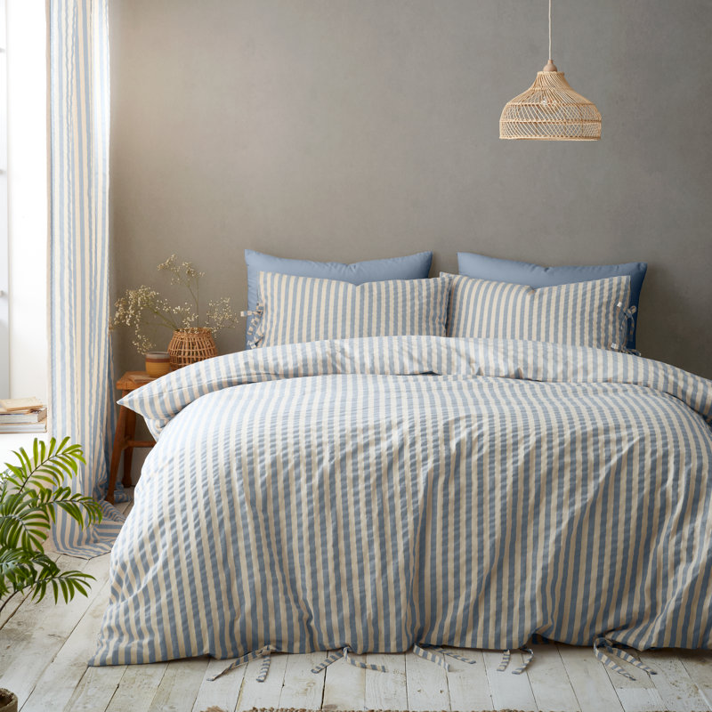Zanzibar Woven Stripe Duvet Cover Set Cotton Blend Duvet Cover Set Set, Blue, King Duvet Cover Set + 2 Pillowcases