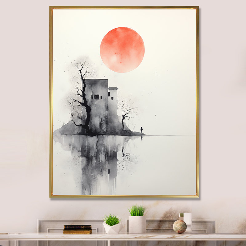 Serenity, pleine lune, aquarelle minimale, Cadre flottant doré, H 32 po x l 16 po x P 1 po