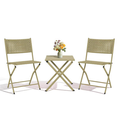 Ensemble bistro de patio pliant 3 pièces, ensemble de mobilier d'extérieur en rotin d'osier avec 2 chaises pliantes et une table carrée, mobilier de balcon compact pour porche, jardin, bord de piscine (vert foncé)
