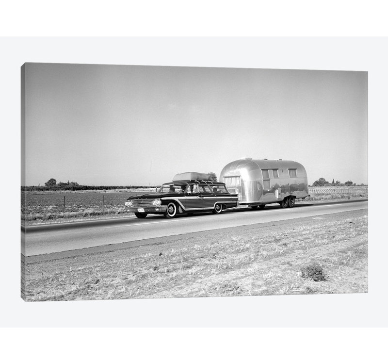 " 1960s-1970s Family Station Wagon And Camping Trailer Driving On Country Highway On Vacation " by Unknown Artist, No Mat