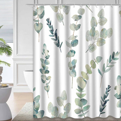 Floral Eucalyptus White Spring Green Shower Curtain with 12 Hooks