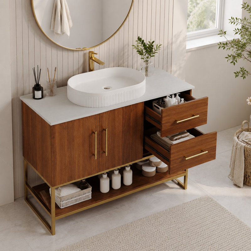 Meuble-lavabo sur pied de 91 cm (36 po) avec lavabo en céramique, cadre doré, 2 tiroirs, placard et tablette ouverte