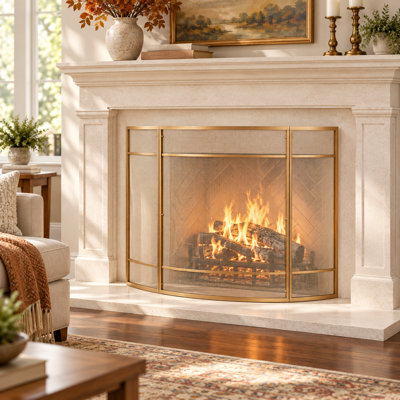 Regina 1-Panel Curve Iron Fireplace Screen 38" x 32", Golden Finish
