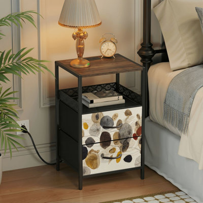 Table de chevet 2 tiroirs avec station de charge, table de chevet pour chambre avec ports USB et amp; Outlets Open Shelf Black, table de chevet avec de belles feuilles tropicales de palmier floral sans soudure, impression abstraite
