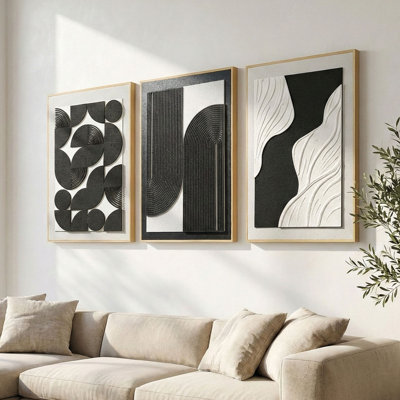 Art mural encadré organique texturé 3D pour le salon, 3 pièces modernes en noir et blanc, peintures en relief de lignes arquées de style Mid-Century pour le bureau, 20 x 30 pouces