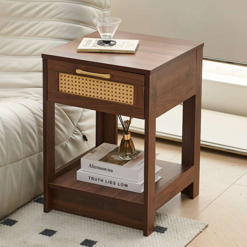 1-Drawer Rattan Nightstand with Open Storage Shelf, Walnut