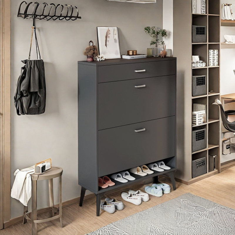 16 Pair Shoe Storage Cabinet with 2 Flip Drawers,Farmhouse Shoe Cabinet for Entryway, Gray