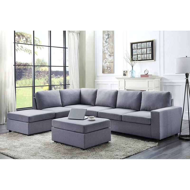Canapé modulaire réversible en lin gris clair 7 places avec repose-pieds Cassia