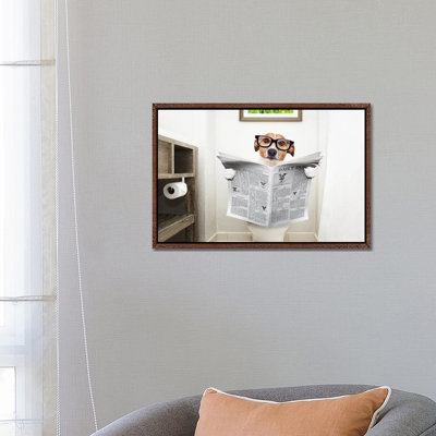 Dog On Toilet Seat Reading Newspaper I by Damedeeso - Print on Canvas