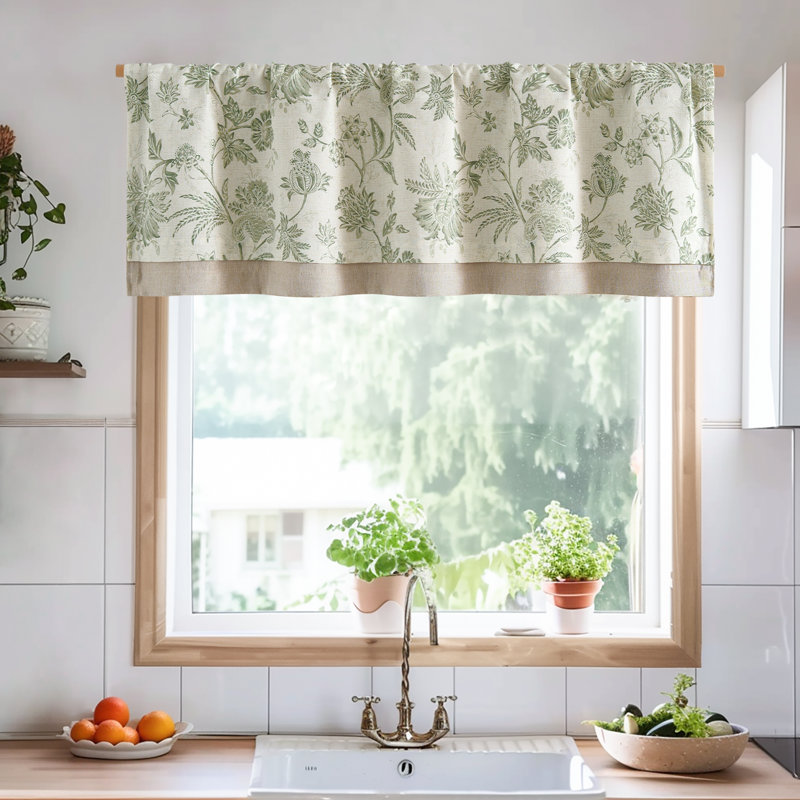 Cantonnière en lin à imprimé floral, Vert / beige