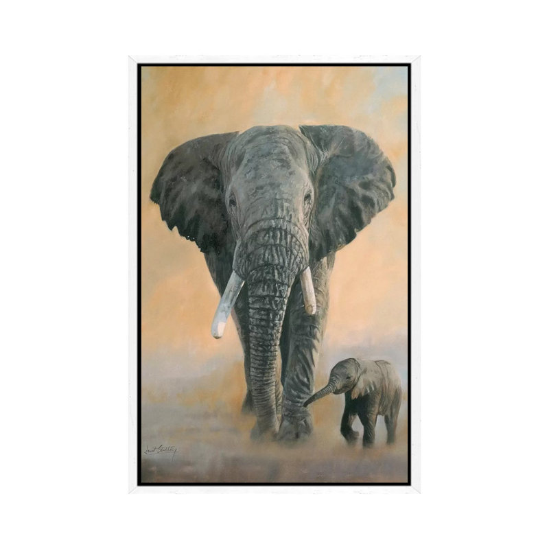 Elephant And Baby by David Stribbling - Painting on Canvas, White Framed, 66.04 cm H x 45.72 cm W