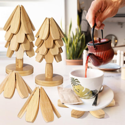 Ensemble de 8 sous-verres Tree, sous-plat en bois pour plats chauds, 2 sous-pieds pliables en forme d'arbre avec 2 supports, tapis décoratif pour tapis de cuisine décoratifs pour fondue, casseroles, tasses (bois de bambou)