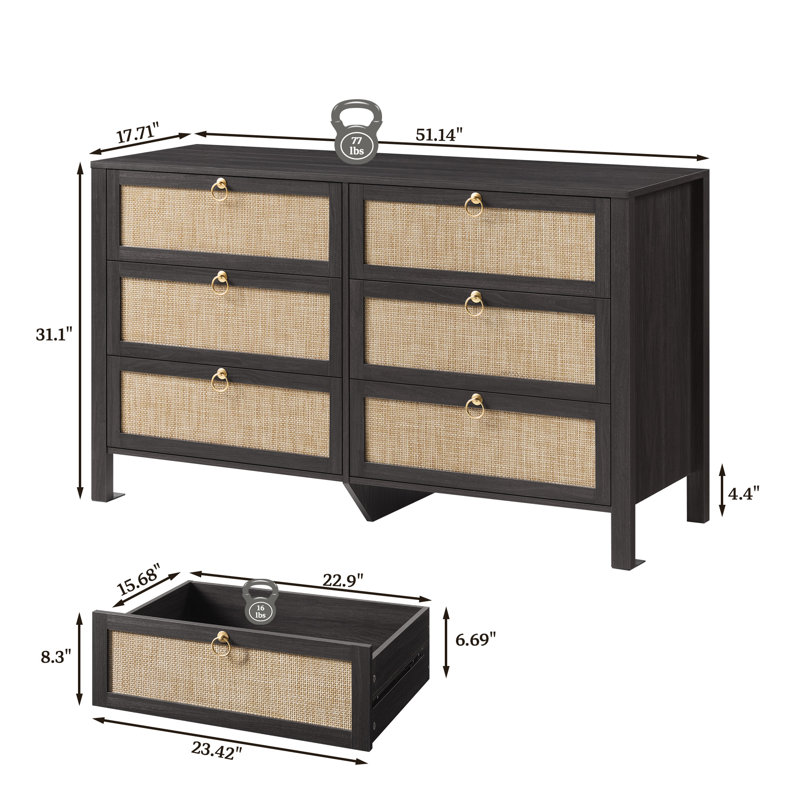 Ensemble de chambre à coucher 3 pièces, commode 6 tiroirs et tables de chevet 1 tiroir Boho, Black