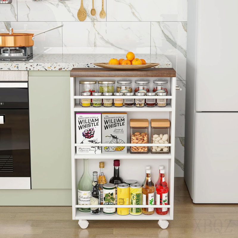 20" Slim Storage Cart – 4-Tier Narrow Rolling Kitchen Utility Cart with Wheels & Handle, Skinny Laundry Room Organizer, Slide Out Pantry Shelf for Small Spaces, Bathroom – Brown & White Finish