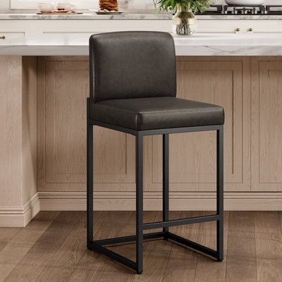 24" Modern Upholstered Kitchen Counter Stool with Black Metal Sled Base & Dark Taupe Faux Leather