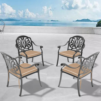 4 chaises d'extérieur, noir, revêtement de protection, assise et structure moelleuses, rembourrage résilient