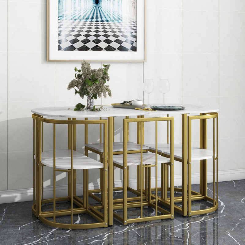 Ensemble de table de salle à manger moderne de 7 pièces avec table compacte en faux marbre 55 pouces pour 6 personnes TopMAX