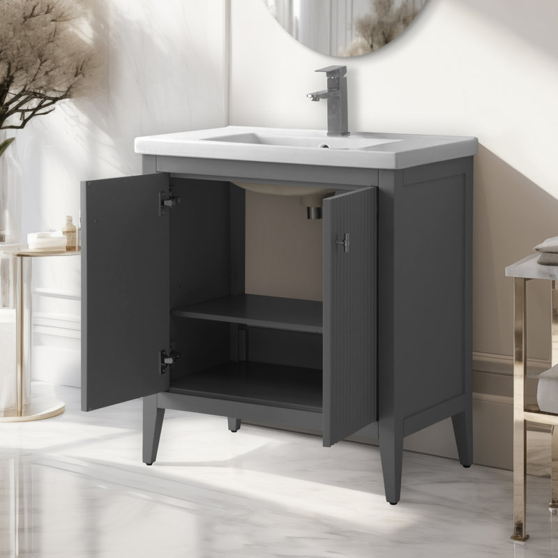 Meuble-lavabo sur pied à simple cuve 30 po avec plateau en céramique blanche, Nickel brossé, Gris cachemire linéaire, 30"
